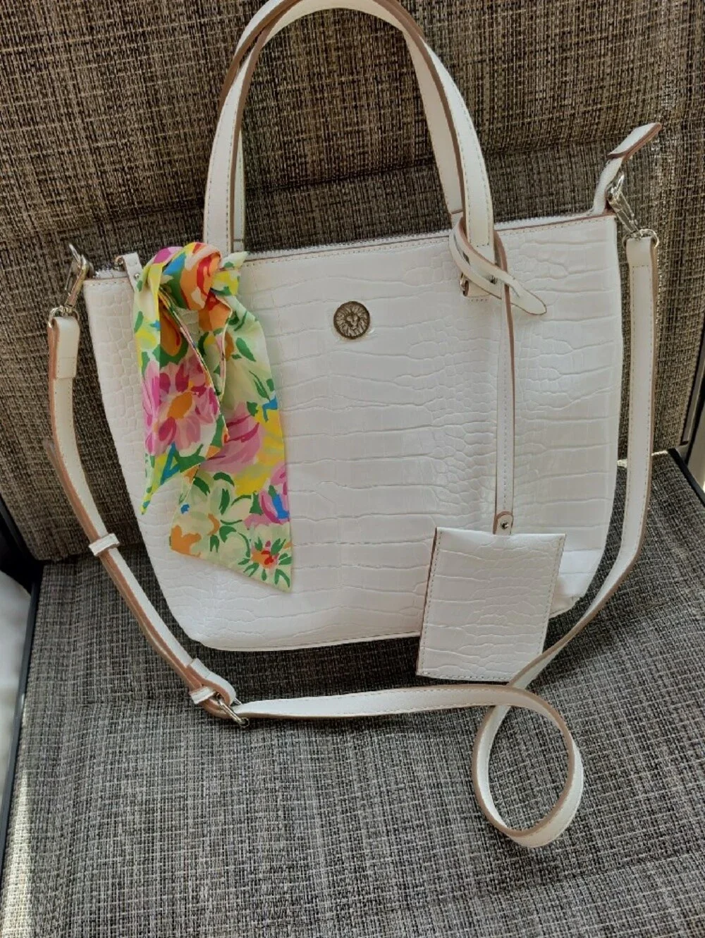ANNE KLEIN Croc-Embossed White Bag with Floral Scarf Accent